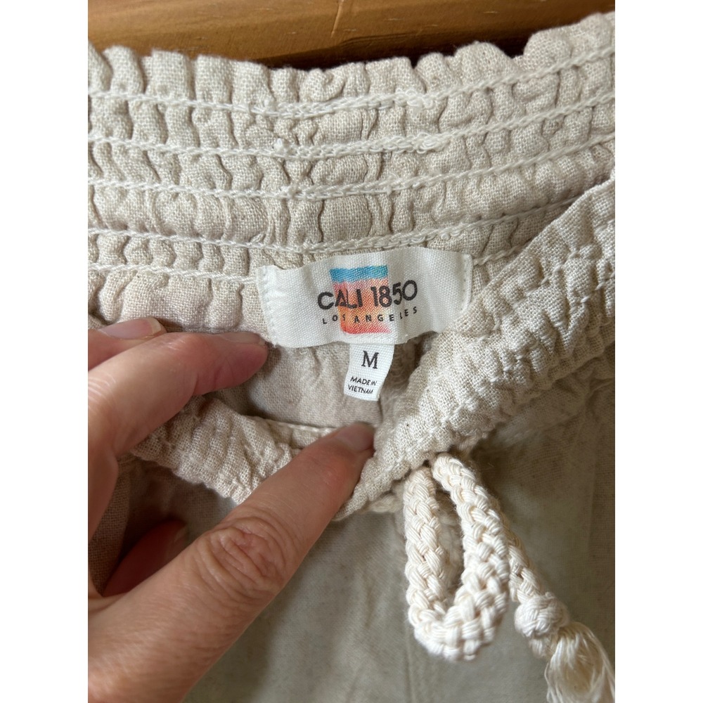Cali 1850 Linen Beach Pants Oatmeal Beige Smocked Womens M NWT - Picture 4 of 10